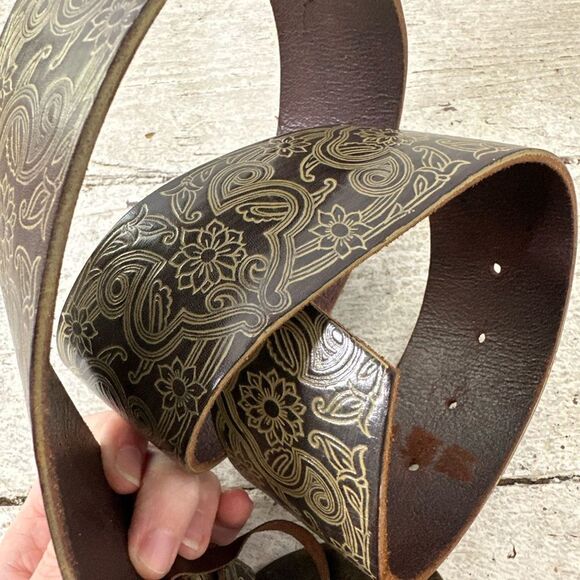 Vintage Italian Made Embossed Leather Belt With Mayan Aztec Buckle - Picture 9 of 9